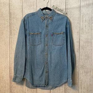 *LEVI'S JEANS Upcycled Denim Stud Button Down Top Medium
